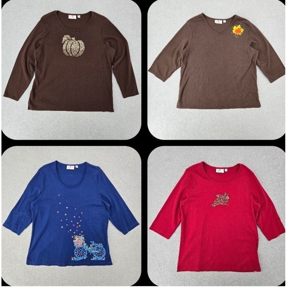 Quacker Factory Womens LARGE 4pc Tops Rhinestone Cardinal Pumpkin Bicycle Fall